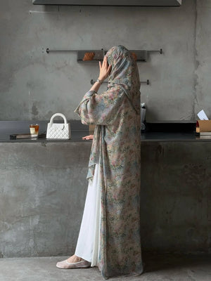 HIA soft floral open abaya and scarf – side view