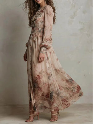 Side view of HIA beige floral long dress and long sleeves