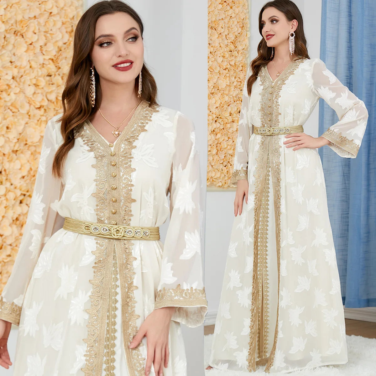 HIA Gilded Floral Abaya & Dress Set — Ivory front details