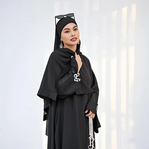 HIA Bow-Cuff Satin Abaya — Black upper body