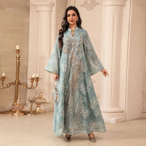 HIA Sequined Botanical Embroidered Abaya — Green front view