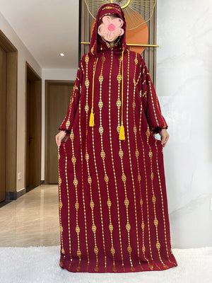 HIA Gold-Accent Hooded Prayer Dress in Burgundy, full front view