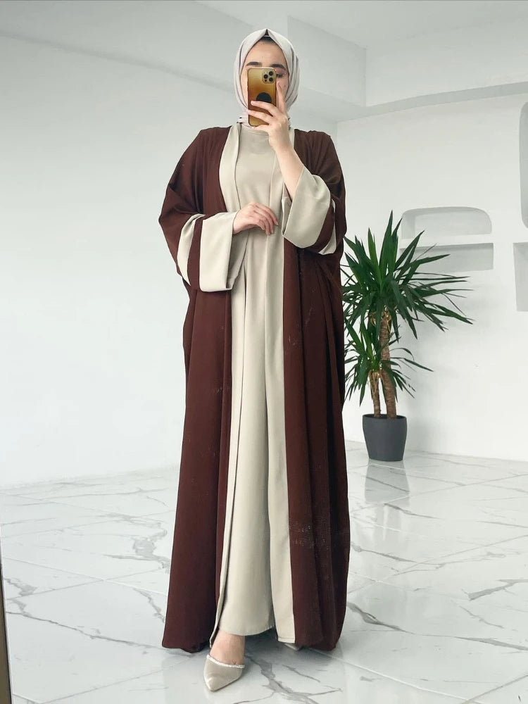 HIA dark brown contrast-trim abaya set, alternate front pose
