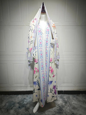 HIA Floral Border Open Abaya — Ivory Floral, front view on mannequin