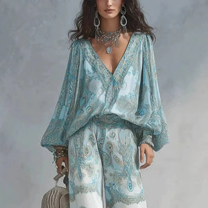Seafoam Paisley Blouse & Wide-Leg Pants Set — V-neck and sleeve detail
