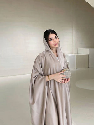 Taupe satin-look open abaya with a loose batwing silhouette