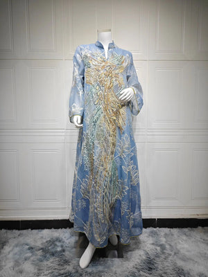 HIA Sequined Botanical Embroidered Abaya — Blue product view