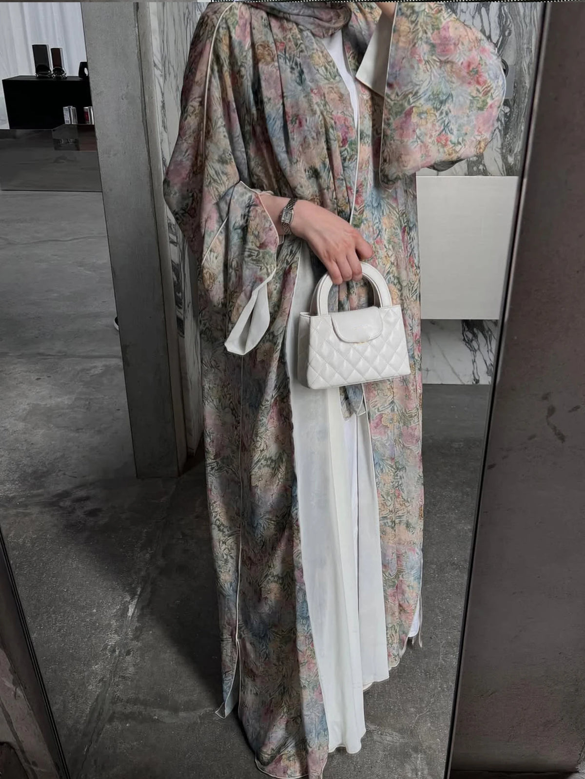 HIA soft floral open abaya and scarf – front detail