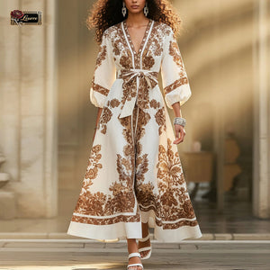 HIA ivory and brown floral belted dress — full front view