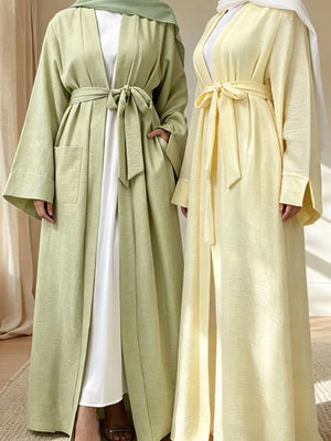 Green and Yellow open abayas showing the tie-waist detail