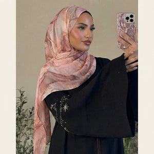 HIA Blush Marble Print Hijab — blush polyester scarf, styling view 4