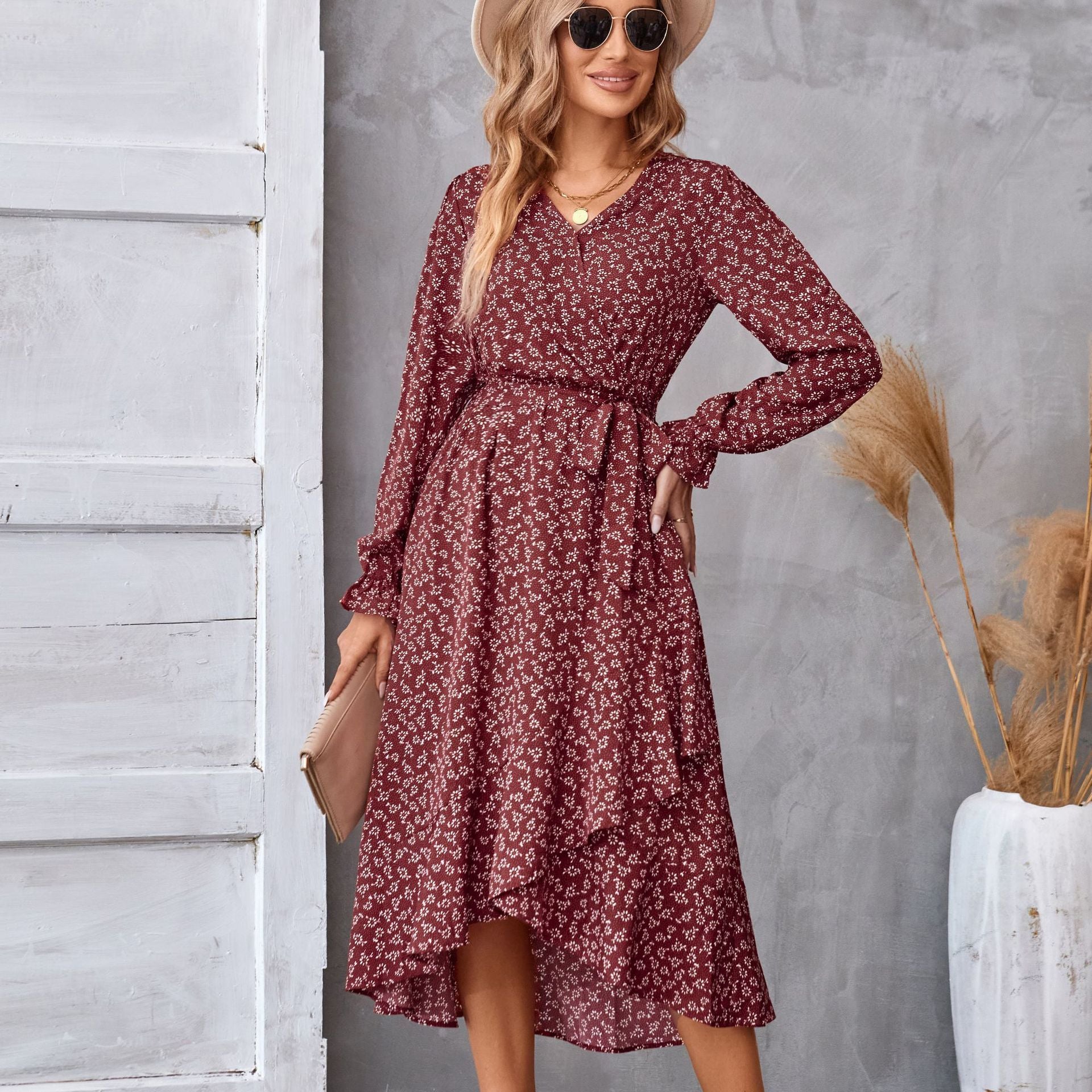 Women’s Floral Print Long Sleeve Ruffled Dress – Elegant Mid-Length