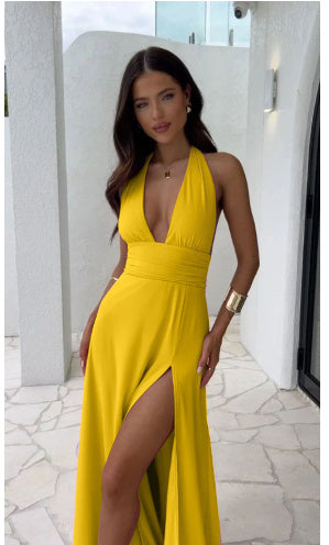 Sexy Halterneck V-Neck Maxi Dress – Backless Strappy Slit Summer Dress