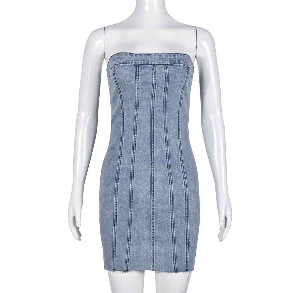 Trendy Backless Denim Tube Dress – Y2K Slim Mini Dress for Women