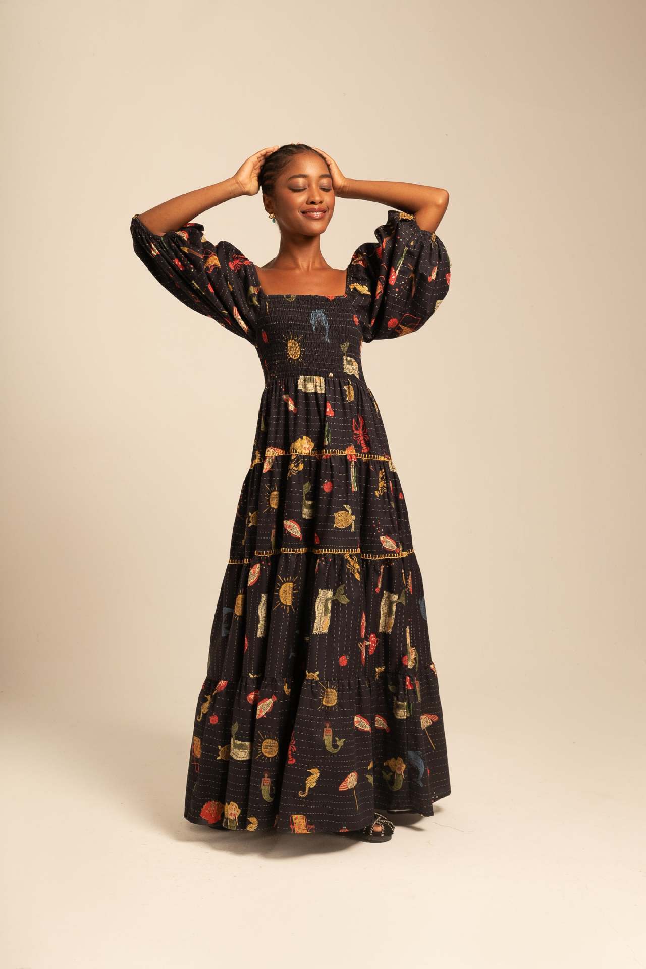 Boho Puff Sleeve Maxi Dress – Square Collar Printed Swing Long Dress