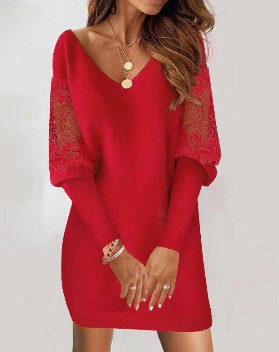 Elegant V-Neck Long Sleeve Dress – Lace Splicing Spring Autumn Dress