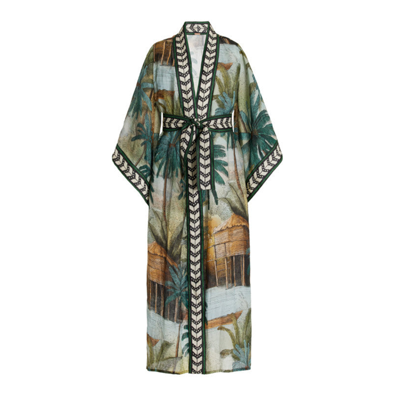 Beach Cardigan Long Sleeve Sun Protection Lace-Up Printing Bikini Cover Up