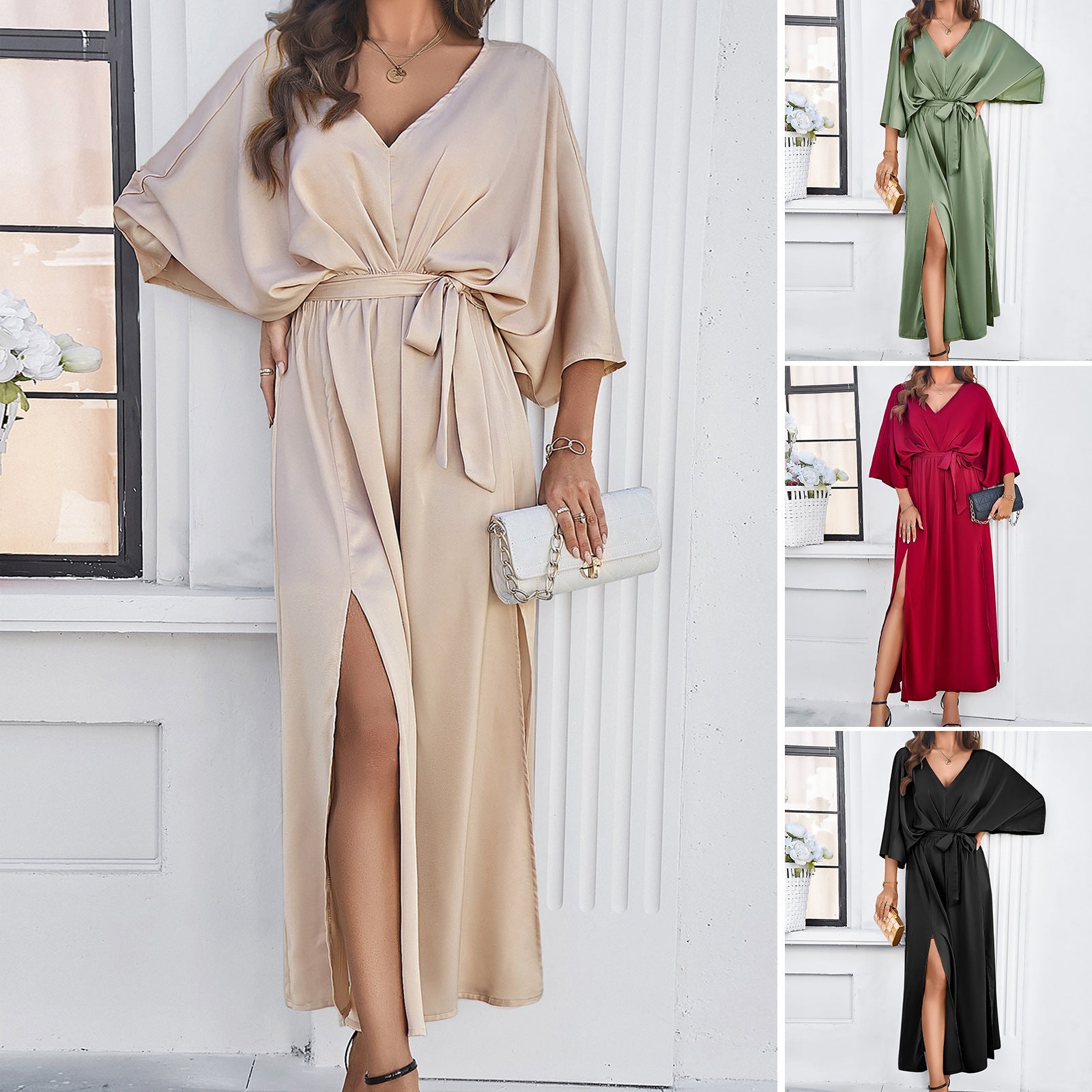 Women’s V-Neck Bat Sleeve Maxi Dress with Split and Lace-Up Waist