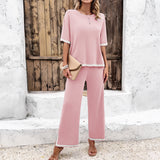 Women’s 2Pcs Summer Casual Knitted Suit – Short Sleeve Top & Loose Straight Trousers