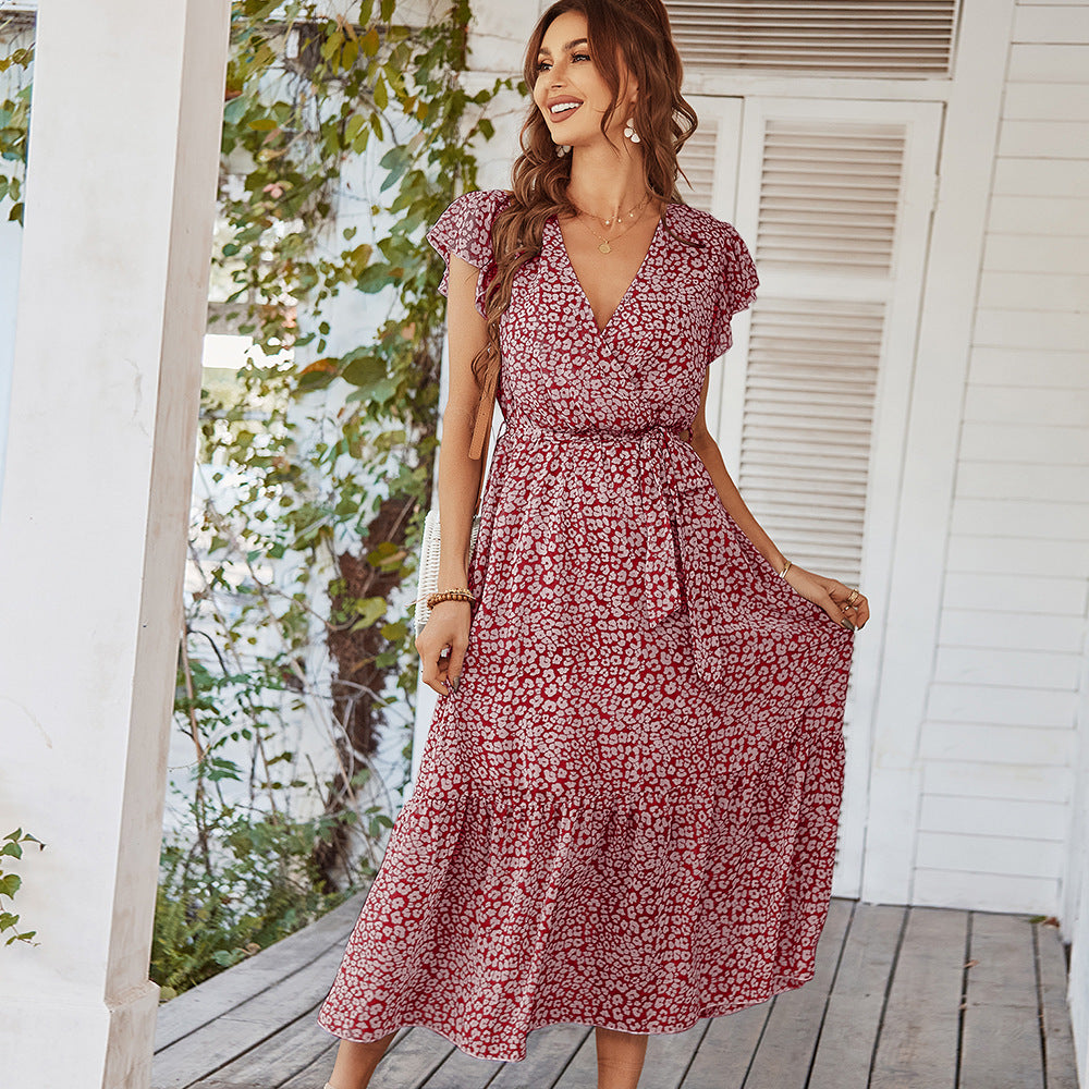 Boho Floral V-Neck Maxi Dress – Summer Ruffle Sleeve Wrap Belt Long Dress
