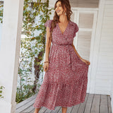 Boho Floral V-Neck Maxi Dress – Summer Ruffle Sleeve Wrap Belt Long Dress