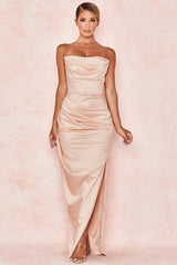 Satin Tube Top Split Knee-Length Dress – Elegant Evening Wear