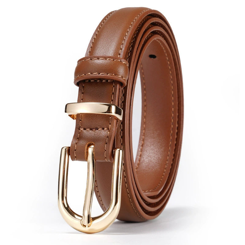 Premium Cowhide Leather Belt – Thin Pin Buckle Waistband with Gold Finish