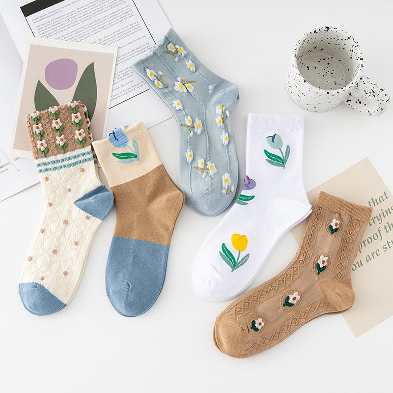 Women’s Autumn Morandi Mid-Calf Socks – 5 Pairs Combed Cotton Set
