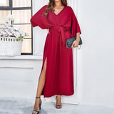 Women’s V-Neck Bat Sleeve Maxi Dress with Split and Lace-Up Waist