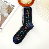 Women’s Retro Floral Mid-Calf Socks – Vintage Style Cotton Blend