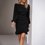 Women's Puff Long Sleeve Dresses Fashion Graceful Solid Color Slim Hip-covering Short Dress Womens Clothing