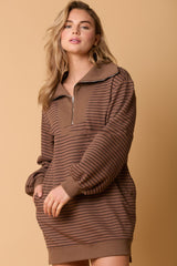 Women's Long Sleeve Polo Collar Stripes Loose Dress