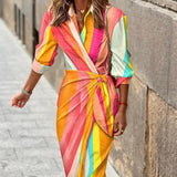 Fashion Printed Shirt Dress With Belt Slim Fit Three-quarter Sleeve Lapel Dress For Women Clothing