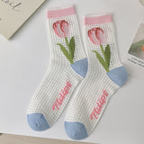 Women’s Floral Cotton Crew Socks – Cute Mid-Calf Mesh Style