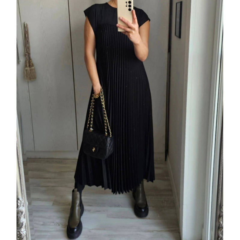 Women’s Pleated Long Summer Dress – Sleeveless Round Neck Maxi Dress
