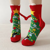 Christmas Magnetic Couple Socks – Cute Elk, Santa & Snowman Hand-Holding Design