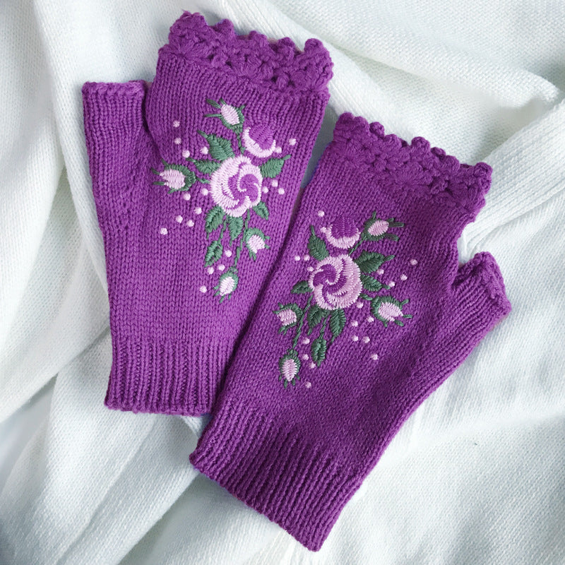 Embroidered Knitted Floral Gloves – Women’s Warm Half Finger Design