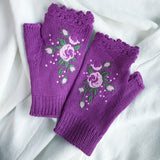 Embroidered Knitted Floral Gloves – Women’s Warm Half Finger Design