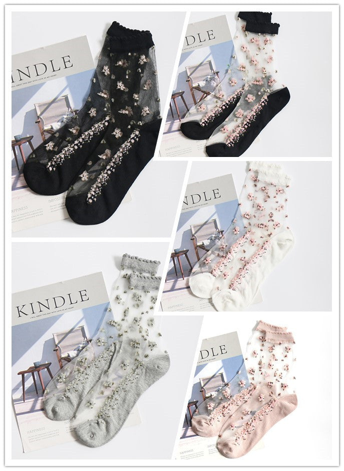 Women’s Jacquard Crystal Crew Socks – Elegant Sheer Design