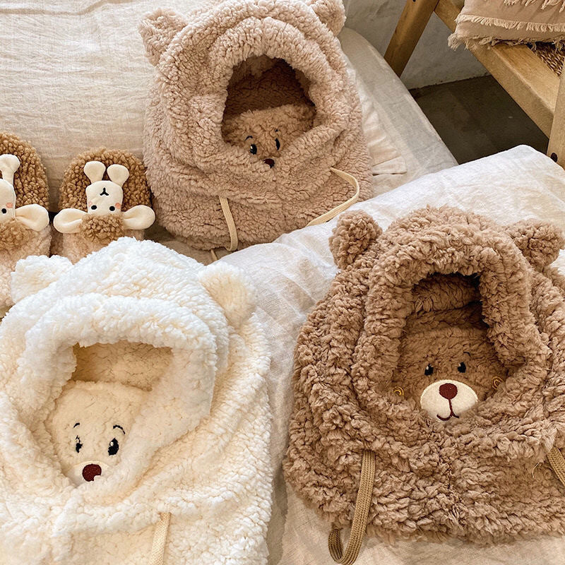 Bear Hooded Plush Scarf – 3-in-1 Winter Hat, Neck Warmer & Face Cover