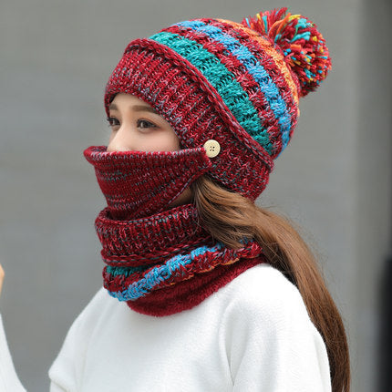 Korean Winter Knitted Wool Hat with Scarf – Striped Beanie Set