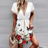 Printed Lace V-Neck Dress – Short Sleeve Tight Waist Swing Dress