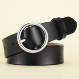 Round Buckle Leather Belt – Classic Cowhide Waistband for Women
