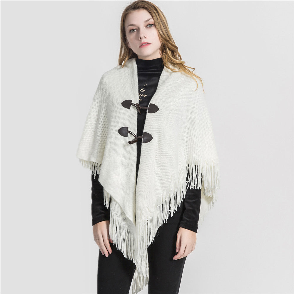 Hooded Knit Poncho Cape – Loose Fit Winter Cardigan with Toggle Closure
