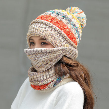 Korean Winter Knitted Wool Hat with Scarf – Striped Beanie Set