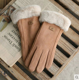 Retro Suede Touch Screen Winter Gloves – Warm Velvet Lined for Women