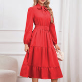 Women’s Elegant A-Line Bow Tie Midi Dress – Long Sleeve Slim Fit