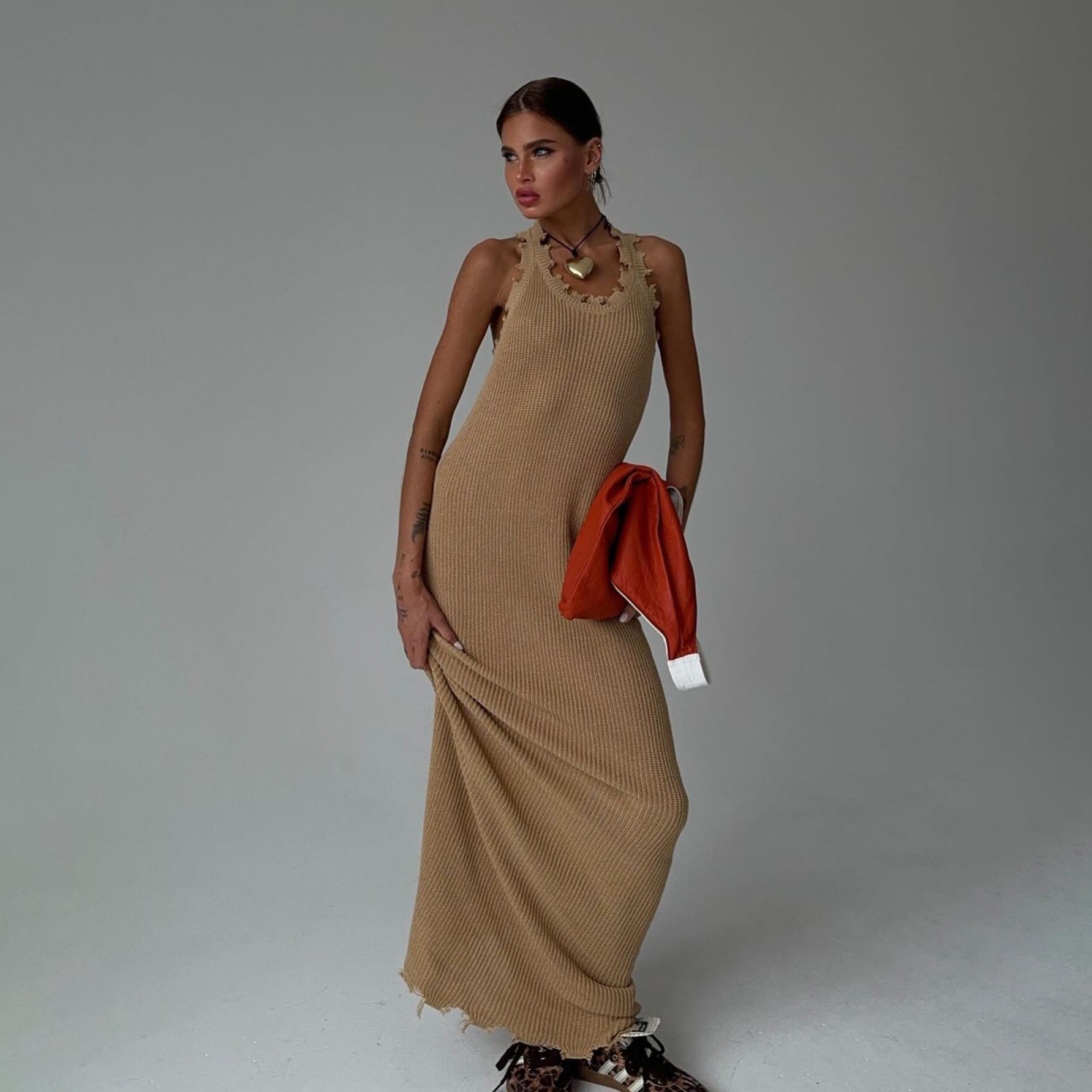 Frayed Hem Slim Fit I-shaped Vest Knitted Dress