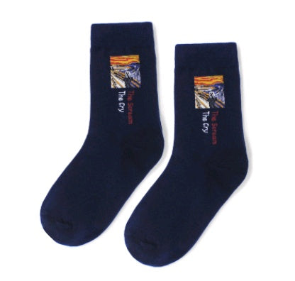 Retro Oil Painting Cotton Socks – Abstract Literary Mid-Tube Design
