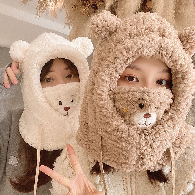 Bear Hooded Plush Scarf – 3-in-1 Winter Hat, Neck Warmer & Face Cover